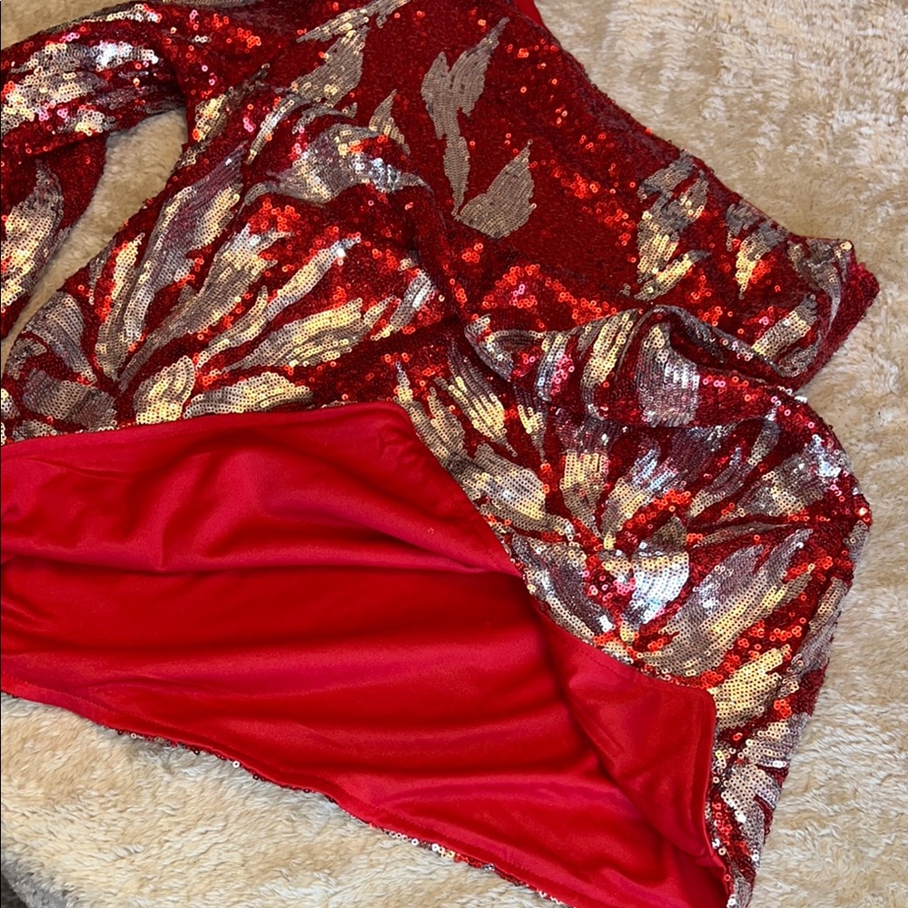 Fashion Nova Red and Silver Asymmetrical Ruched Dress - Picture 9 of 9